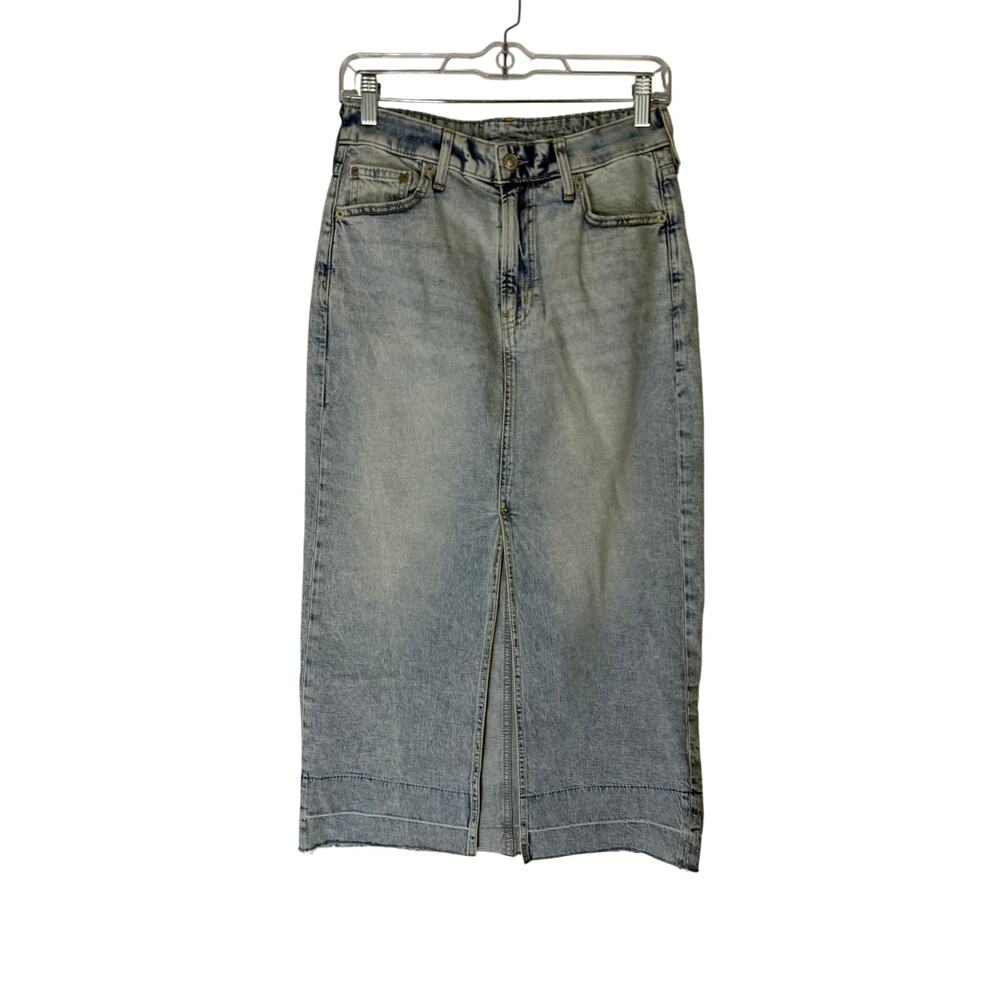 Gap Blue Acid Wash Front V Slit Maxi Denim Pencil Casual Skirt Raw‎ Hem Size 26